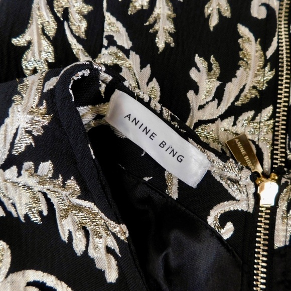 ANINE BING Gold Metallic Brocade Dress Jacquard Swirly Mini Party Holidays XS - Picture 12 of 16